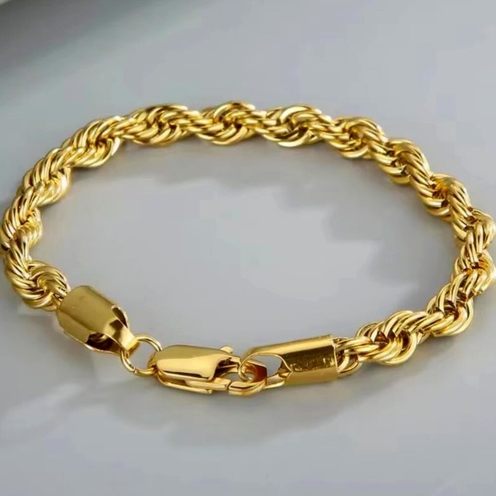 ⭐ New Men's 7.75" Diamond Cut Rope Bracelet 4mm Wide 18K Yellow Gold ⭐